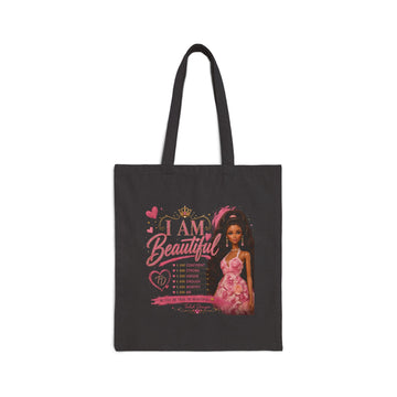 I Am Beautiful Floral Princess Tote Bag — Empowering Girl Power Canvas Tote