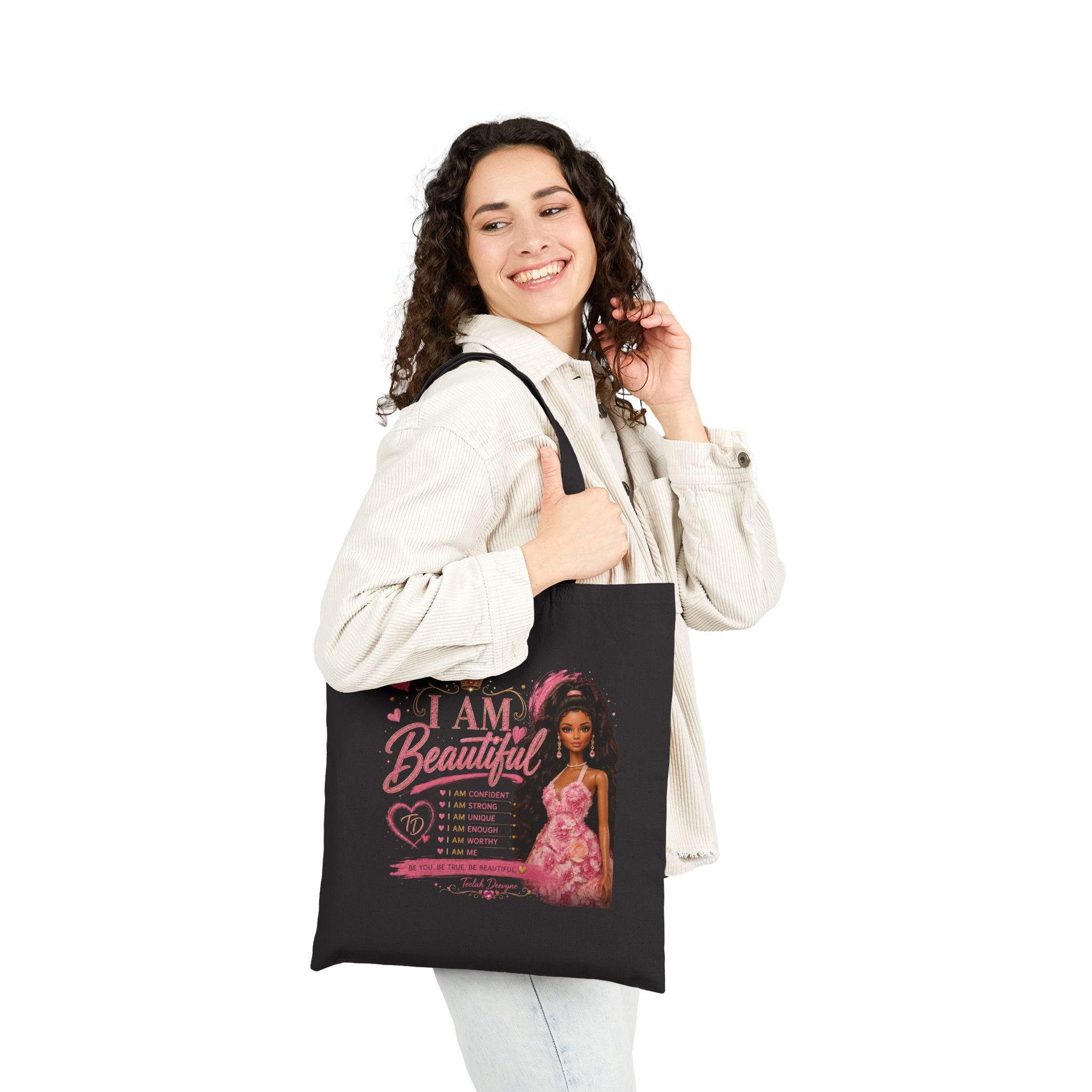 I Am Beautiful Floral Princess Tote Bag — Empowering Girl Power Canvas Tote