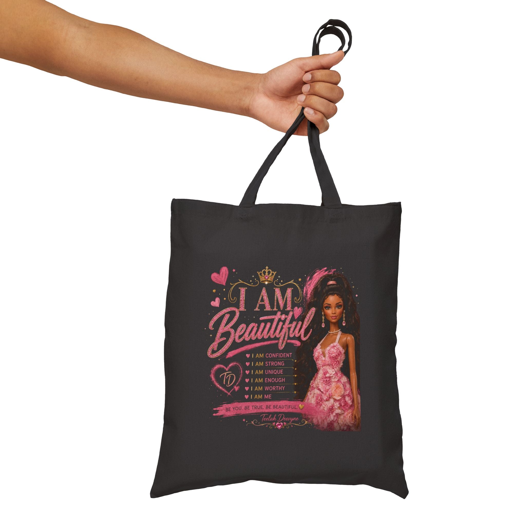 I Am Beautiful Floral Princess Tote Bag — Empowering Girl Power Canvas Tote
