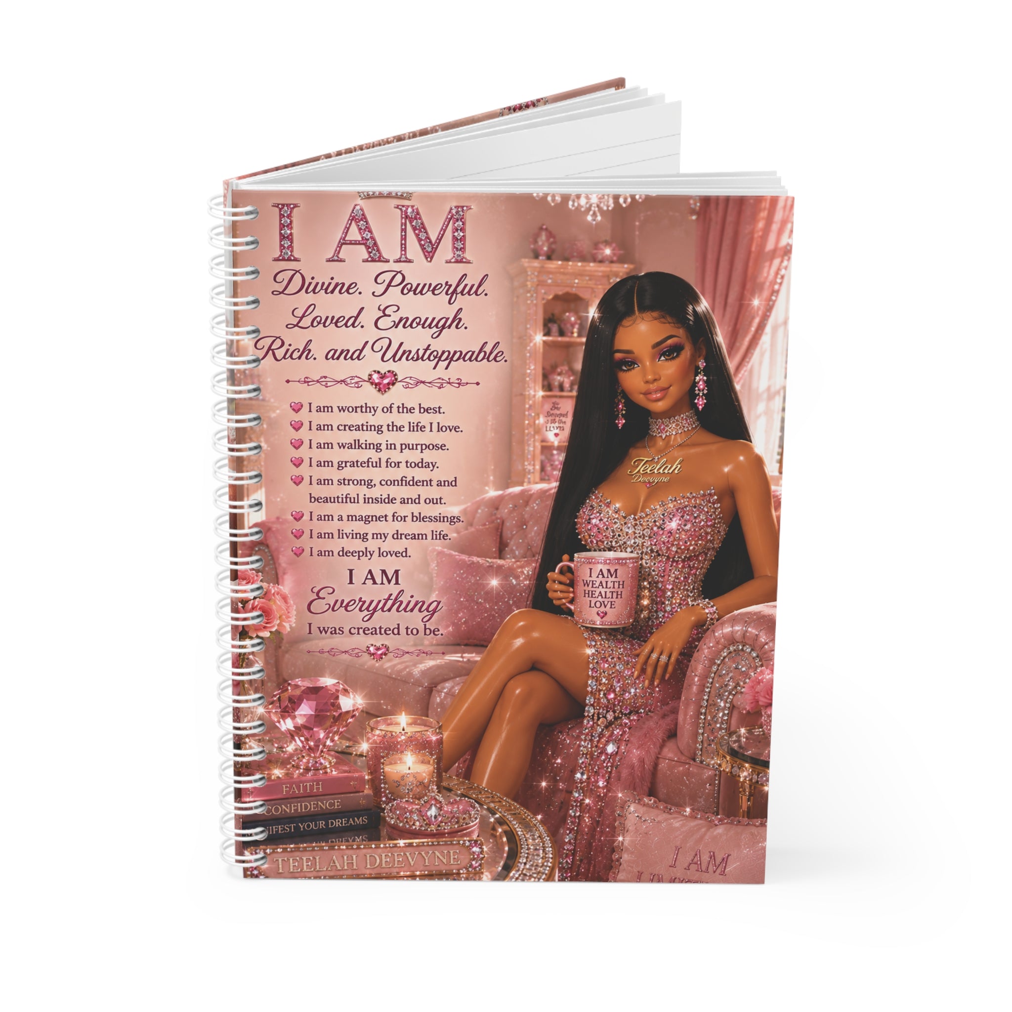 I AM Affirmations Spiral Notebook | Inspirational Pink Glam Girl Journal