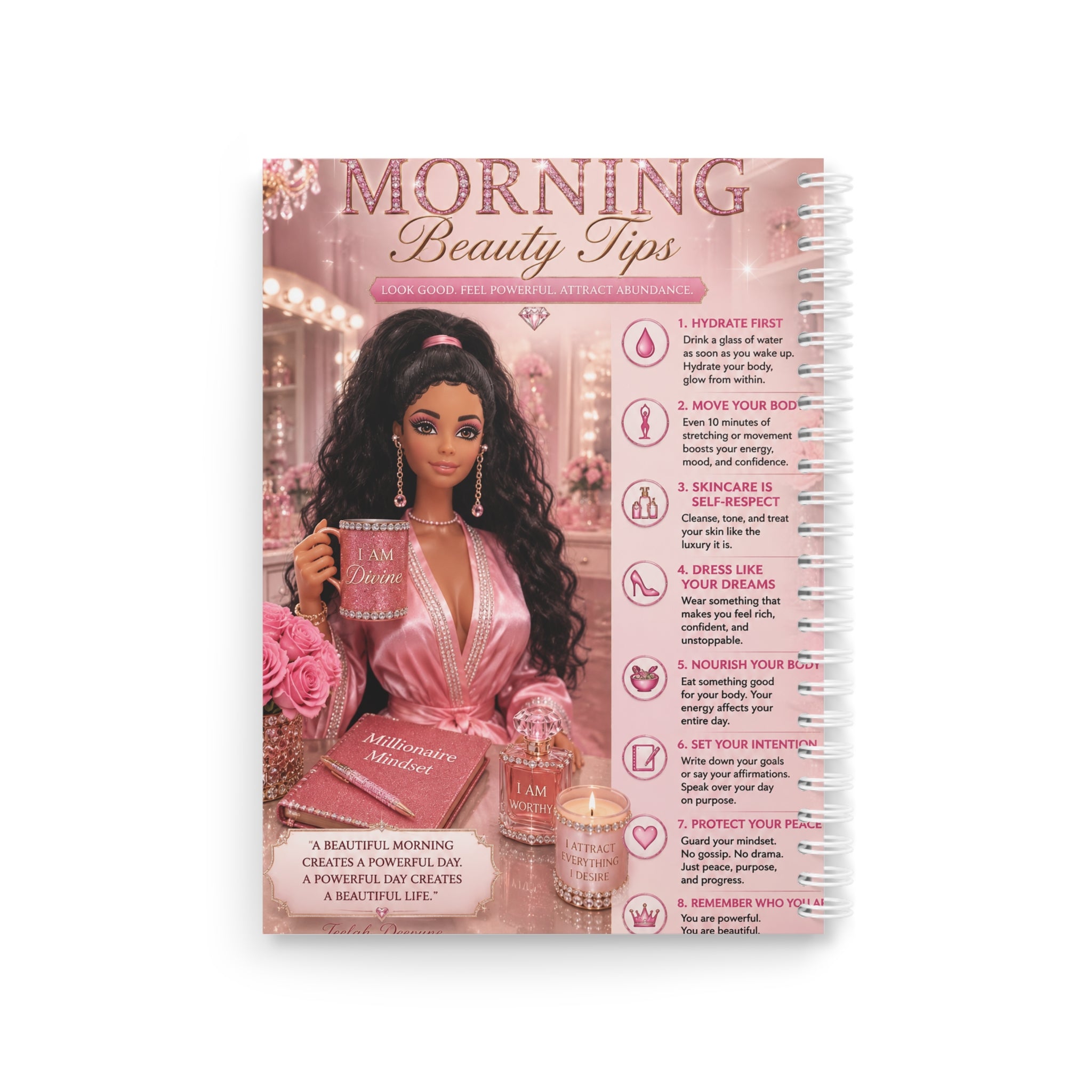 Morning Beauty Tips Spiral Notebook | Pink Glam Doll Vanity Journal