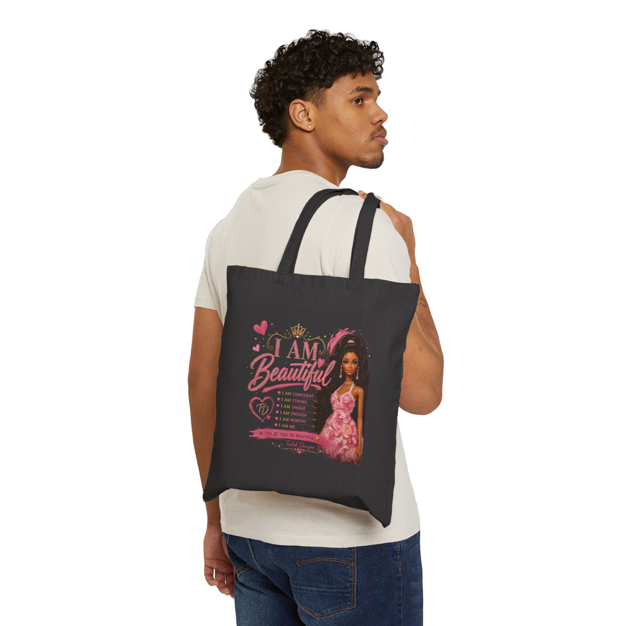 I Am Beautiful Floral Princess Tote Bag — Empowering Girl Power Canvas Tote