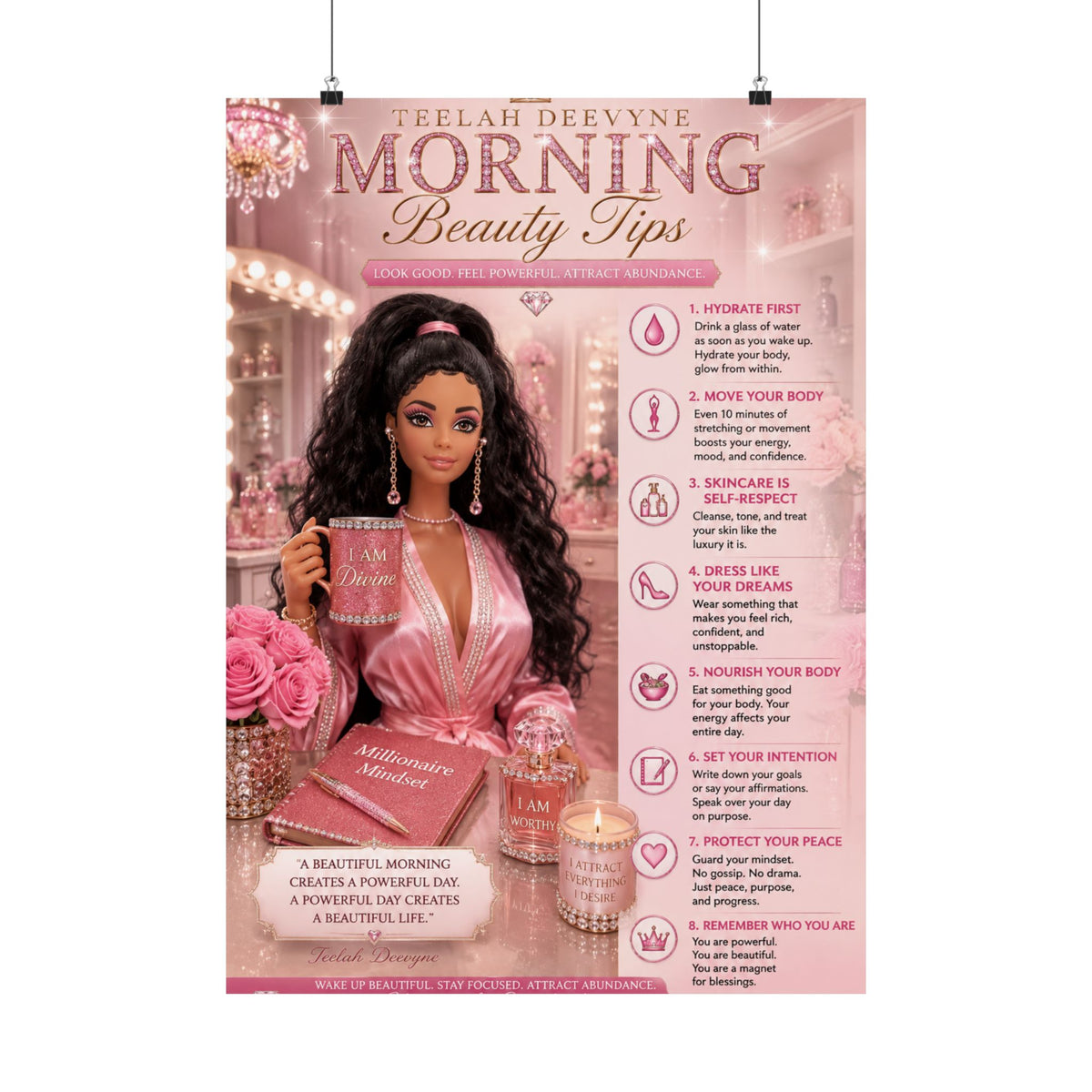 Morning Beauty Tips Matte Vertical Poster | Pink Glam Vanity Wall Art