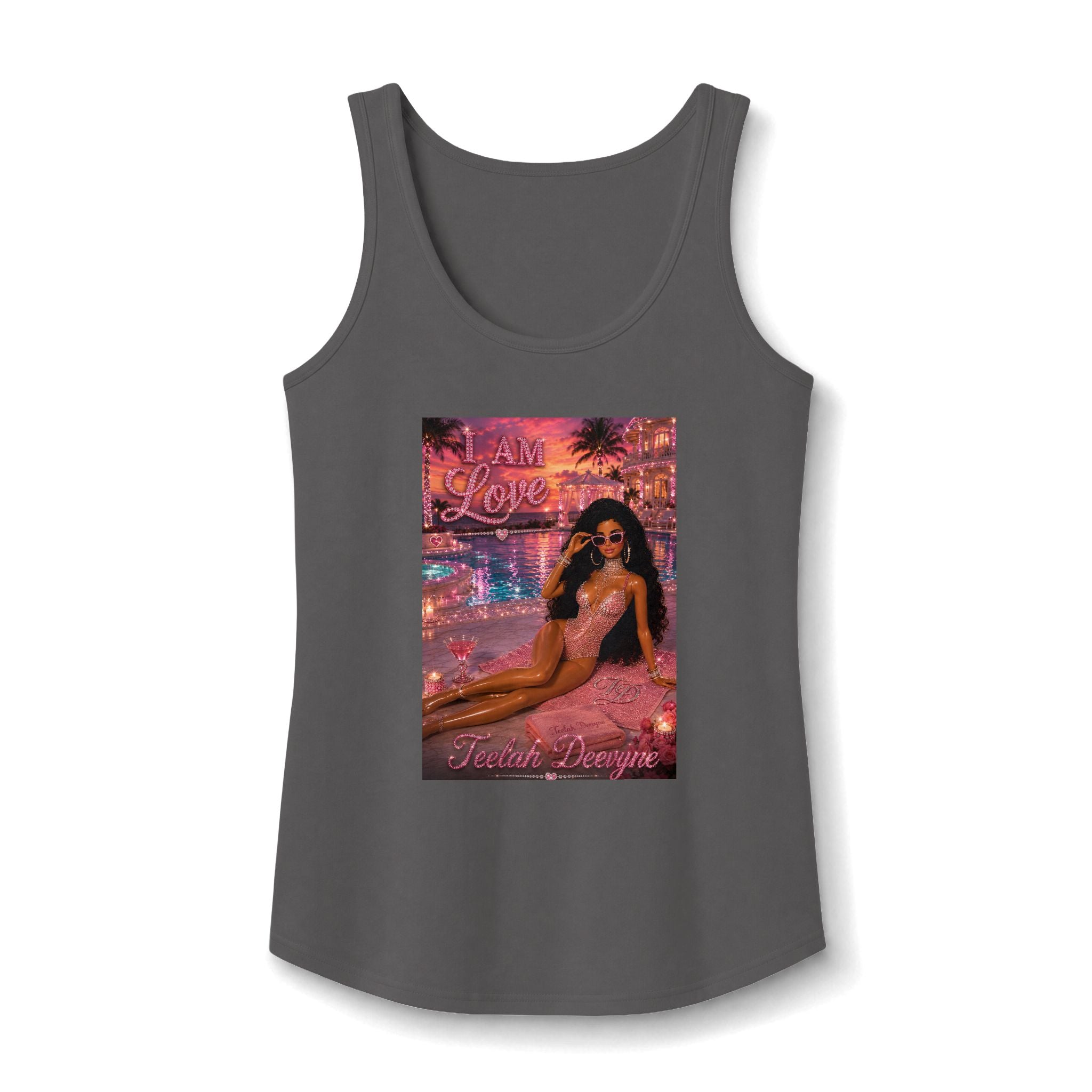 I Am Love Mermaid Beach Illustration Tank Top | Pink Sunset, Glam Fashion
