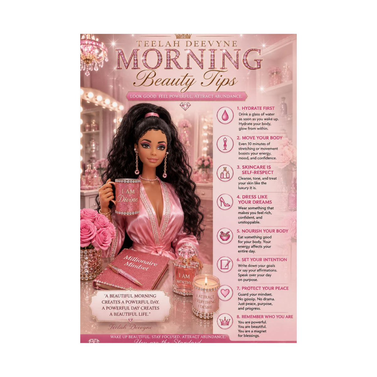 Morning Beauty Tips Matte Vertical Poster | Pink Glam Vanity Wall Art