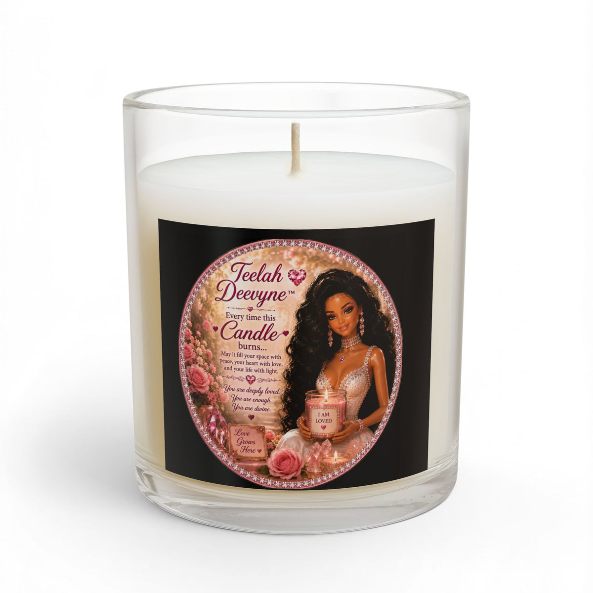 Glam African American Woman Candle, Soy Glass Candle | Pink Rose Luxe Label