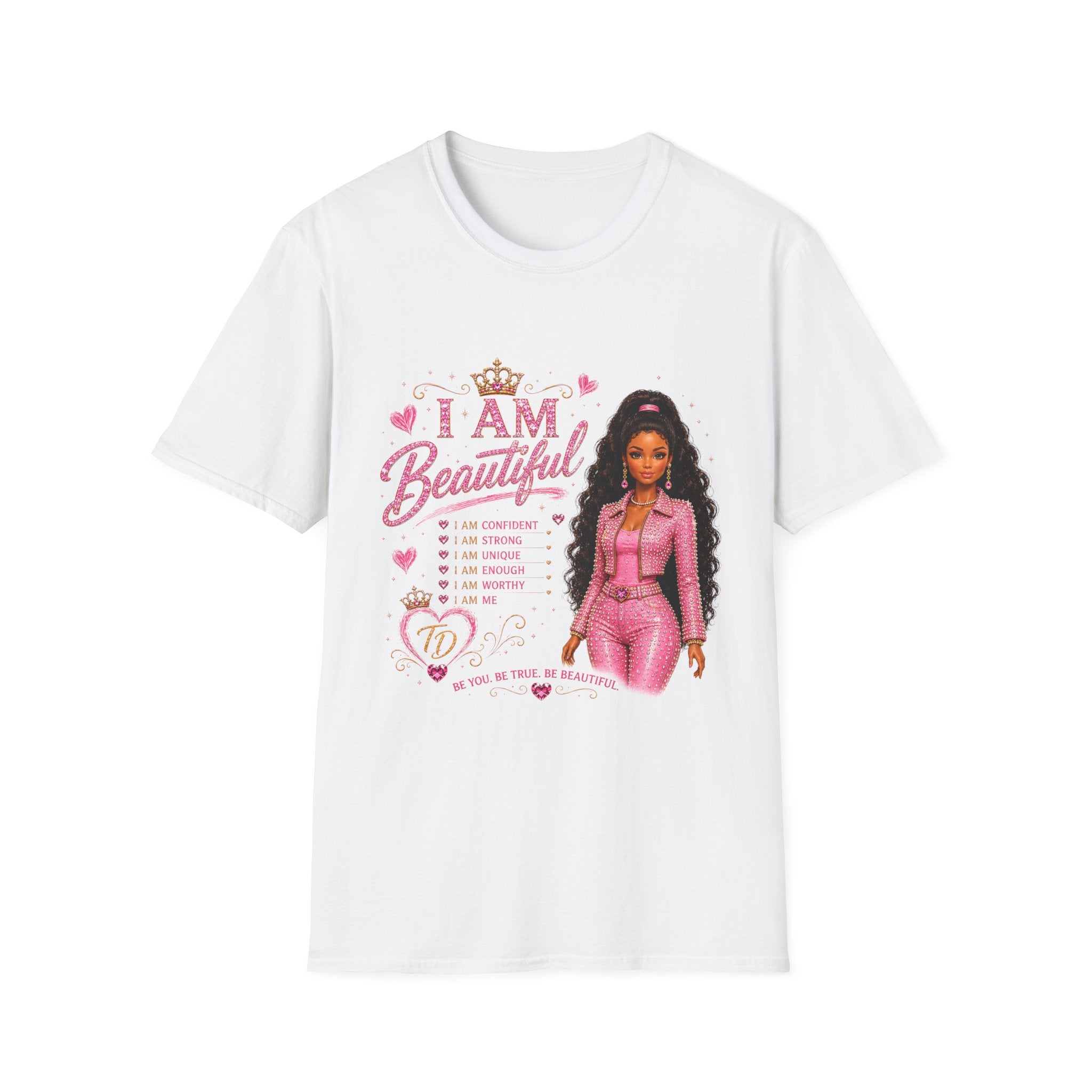 I Am Beautiful Women's T‑Shirt — Affirmation Graphic Tee with Doll Illustration