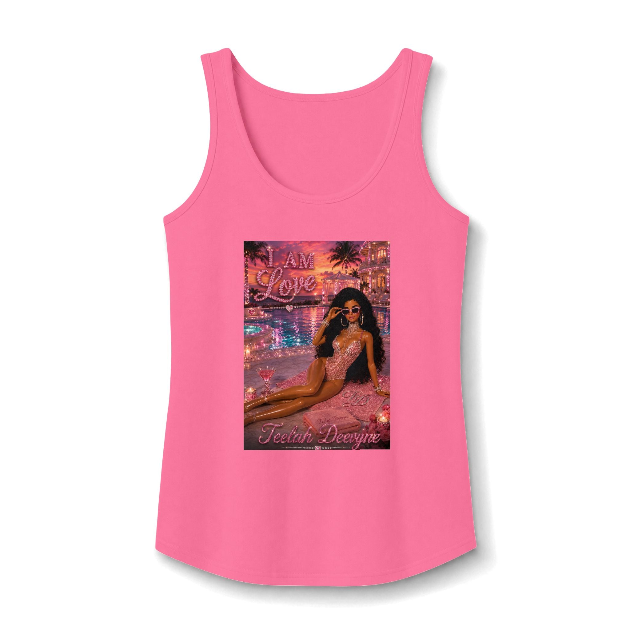 I Am Love Mermaid Beach Illustration Tank Top | Pink Sunset, Glam Fashion