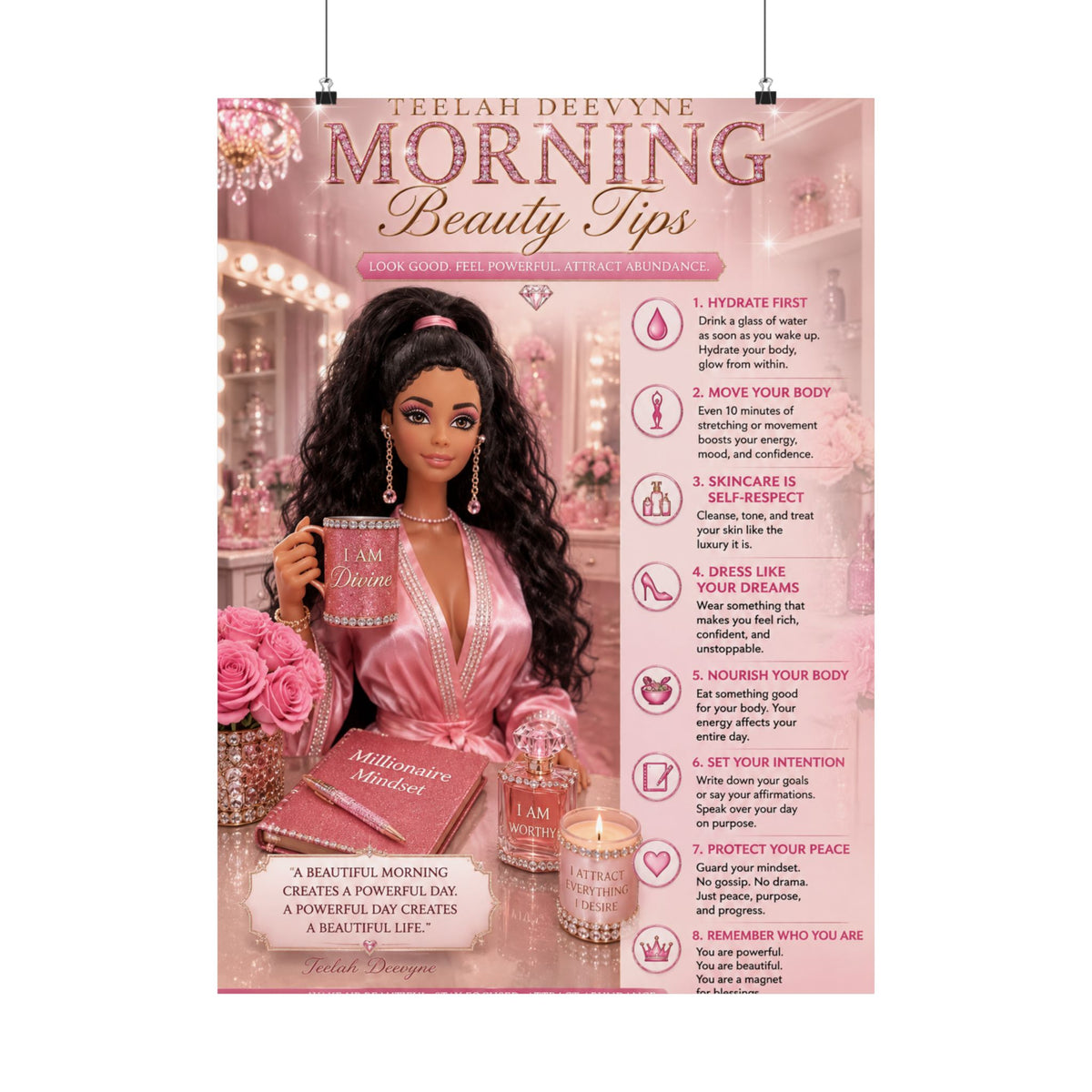 Morning Beauty Tips Matte Vertical Poster | Pink Glam Vanity Wall Art