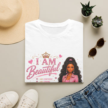 I Am Beautiful Women's T‑Shirt — Affirmation Graphic Tee with Doll Illustration