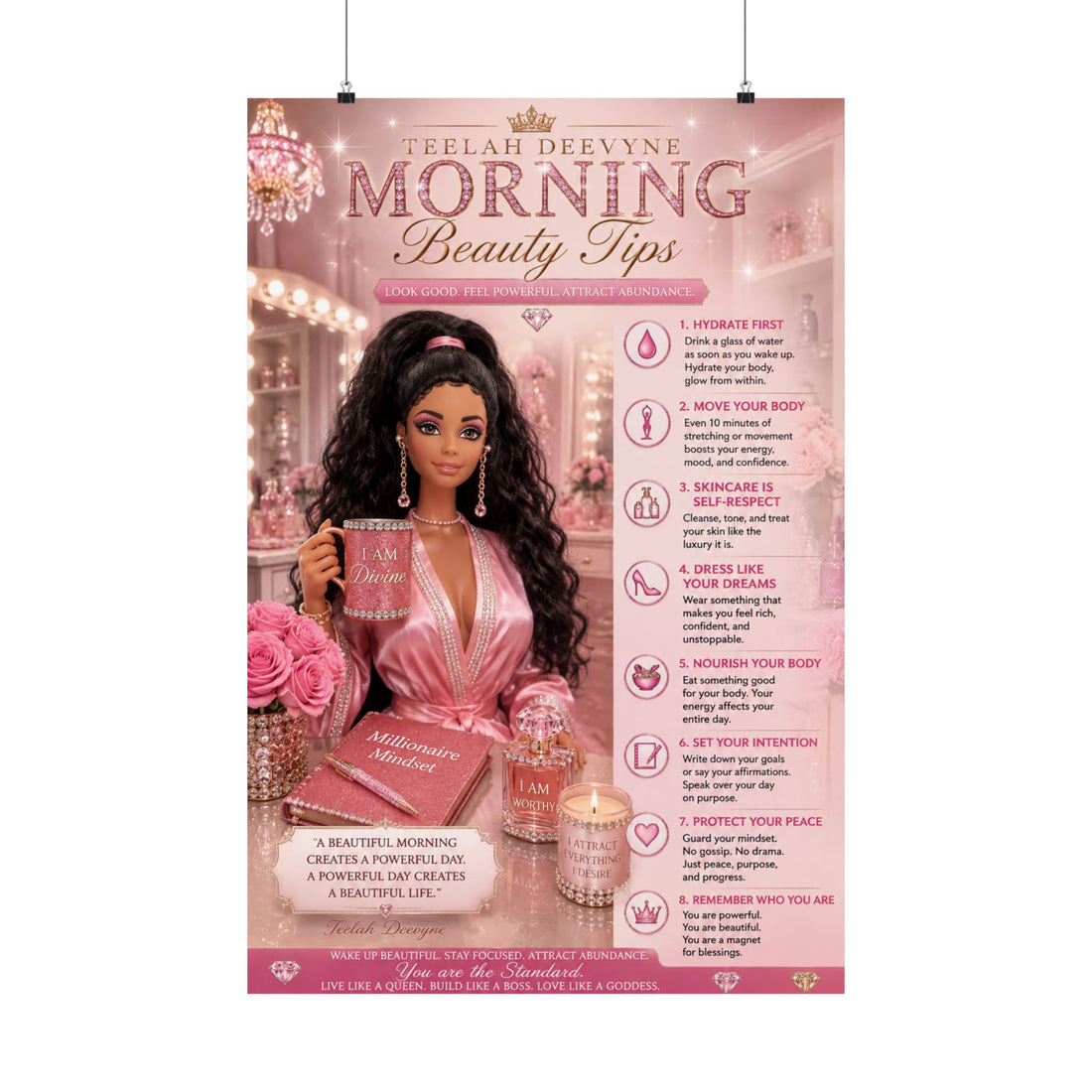 Morning Beauty Tips Matte Vertical Poster | Pink Glam Vanity Wall Art