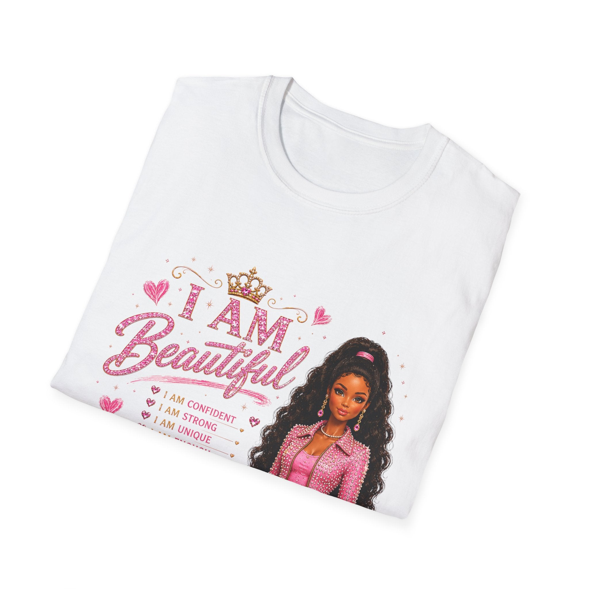 I Am Beautiful Women's T‑Shirt — Affirmation Graphic Tee with Doll Illustration